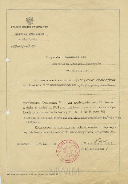 KKE 5633.jpg - Dok. Premia finansowa za wydajną pracę wystawiona przez Polskie Koleje Państwowe w Olsztynie dla Jana Małyszko, Olsztyn, 7 IX 1956 r.